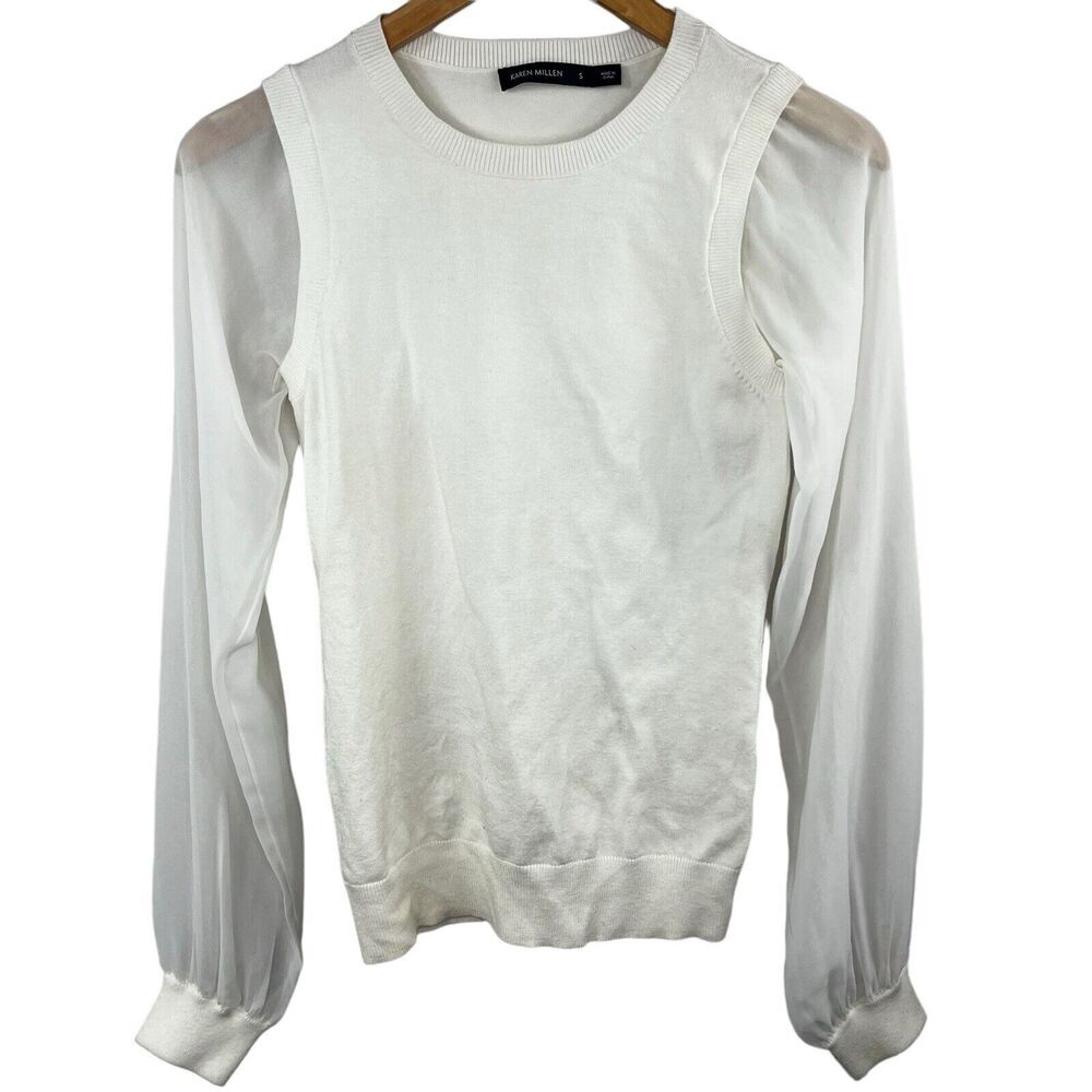Karen Millen White Knit Semi Sheer Sweater Vest Crew Neck Size S